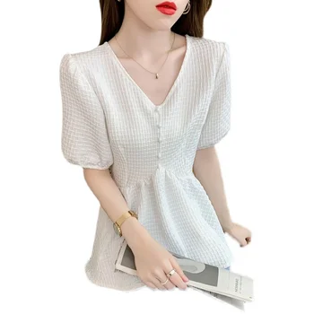 Șifon Subțire pentru Femei Bluze Noi Bluză Casual Fashion Camasa cu Maneci Scurte Culoare Solidă V-neck Pulover de Vara Houthion